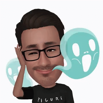 A Man Wearing Glasses And A Figure Shirt Is Surrounded By Two Ghosts GIF