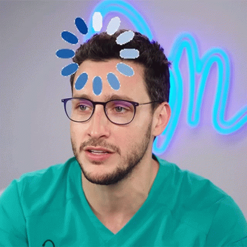 A Man Wearing Glasses And A Green Shirt Has A Loading Screen On His Forehead GIF