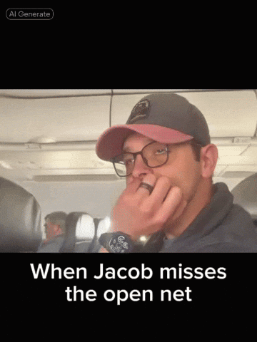 A Man Wearing Glasses And A Hat Is Sitting On An Airplane And The Caption Says When Jacob Misses The Open Net GIF
