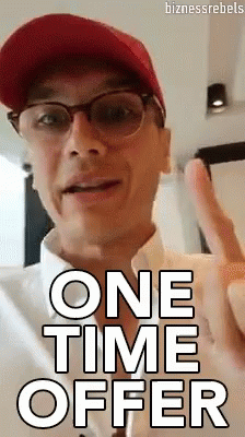 A Man Wearing Glasses And A Hat Says One Time Offer GIF