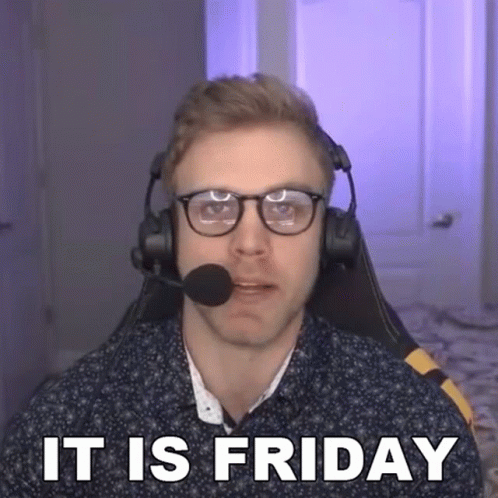 a man wearing glasses and a headset with the words it is friday below him