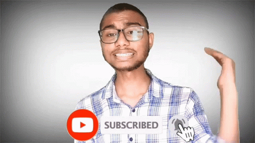 a man wearing glasses and a plaid shirt with a youtube subscribe button