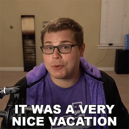 A Man Wearing Glasses And A Purple Shirt Says " It Was A Very Nice Vacation " GIF