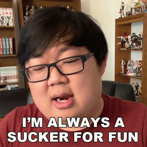 A Man Wearing Glasses And A Red Shirt Says I 'M Always A Sucker For Fun GIF