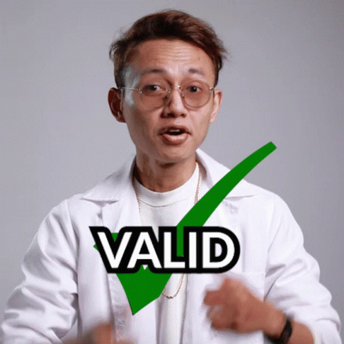A Man Wearing Glasses And A White Coat Has A Green Check Mark That Says Valid GIF