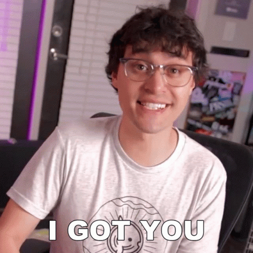 A Man Wearing Glasses And A White Shirt That Says " I Got You " GIF