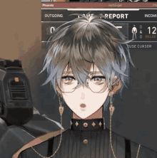 A Man Wearing Glasses And Earrings Stands In Front Of A Screen That Says Report GIF