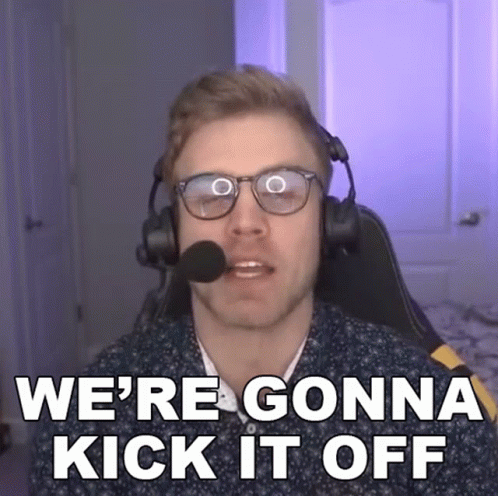 A Man Wearing Glasses And Headphones Is Saying We 'Re Gonna Kick It Off GIF
