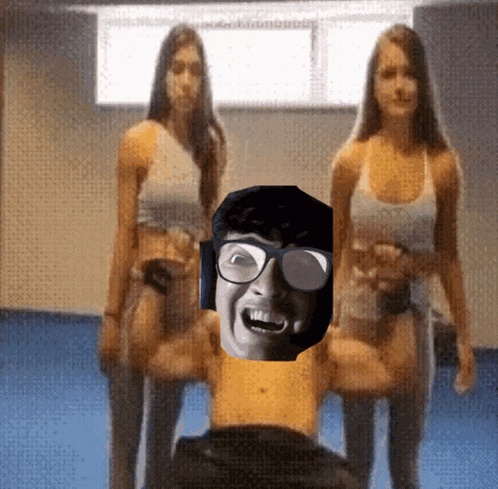 A Man Wearing Glasses And Headphones Is Standing Next To Two Women GIF
