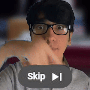 A Man Wearing Glasses Holds His Hand To His Face In Front Of A Button That Says Skip GIF