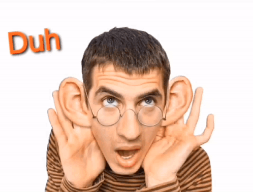 A Man Wearing Glasses Is Covering His Ears With His Hands And The Word Duh Is Behind Him GIF