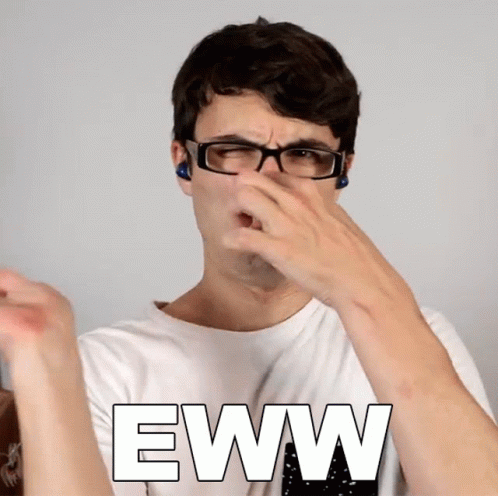 A Man Wearing Glasses Is Covering His Nose With His Hand And The Word Eww Is On The Bottom Right GIF