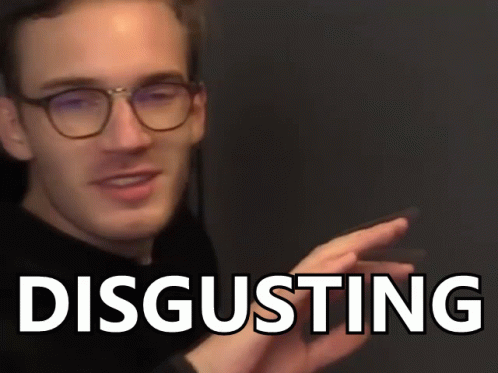 A Man Wearing Glasses Is Making A Funny Face And The Word Disgusting Is Behind Him . GIF