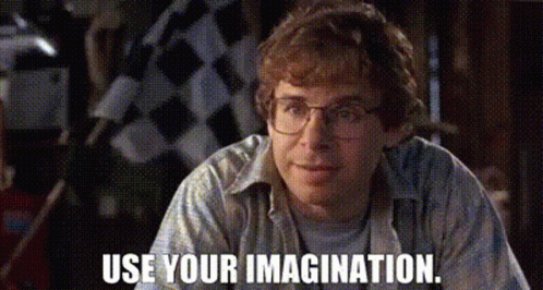 A Man Wearing Glasses Is Sitting At A Table With The Words `` Use Your Imagination '' Written Above Him . GIF
