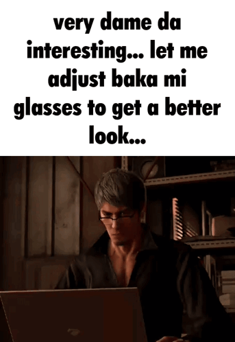 A Man Wearing Glasses Is Sitting In Front Of A Laptop Computer With A Caption That Says Very Dame Da Interesting GIF