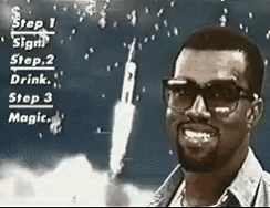 A Man Wearing Glasses Is Smiling In Front Of A Rocket Launching GIF
