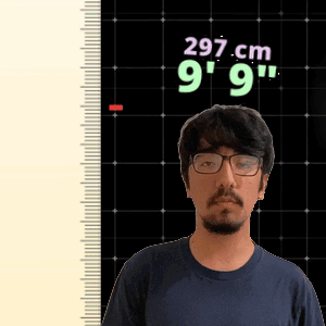 A Man Wearing Glasses Is Standing In Front Of A Ruler That Says 297 Cm 9 ' 9 ' GIF