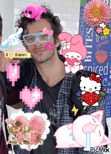 A Man Wearing Glasses Is Surrounded By Pink Hearts And Hello Kitty Stickers GIF
