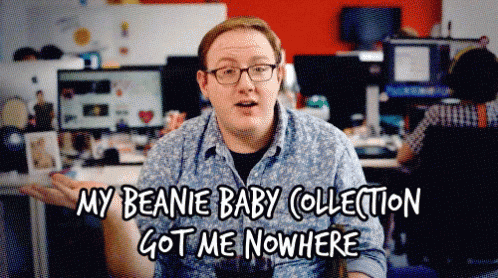 A Man Wearing Glasses Is Talking About His Beanie Baby Collection GIF