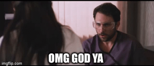 A Man Wearing Glasses Is Talking To A Woman And The Words Omg God Ya Are On The Screen GIF