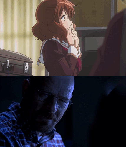 A Man Wearing Glasses Looks At A Girl In A School Uniform GIF