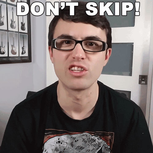 A Man Wearing Glasses Says " Don 'T Skip " In White Letters GIF
