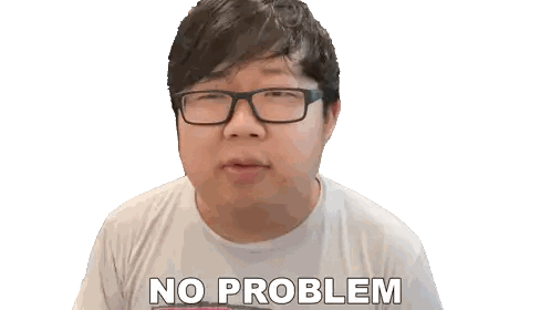 a man wearing glasses says " no problem " in front of his face