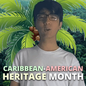 A Man Wearing Glasses Stands In Front Of A Palm Tree With The Words Caribbean-American Heritage Month GIF