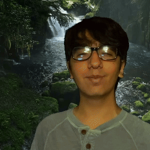 A Man Wearing Glasses Stands In Front Of A Waterfall In The Woods GIF