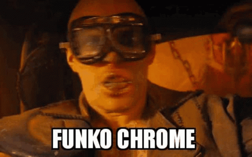 A Man Wearing Goggles And A Mask With The Words Funko Chrome Written On His Face . GIF