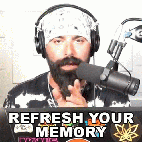 A Man Wearing Headphones And A Bandana Says " Refresh Your Memory " In Front Of A Microphone GIF