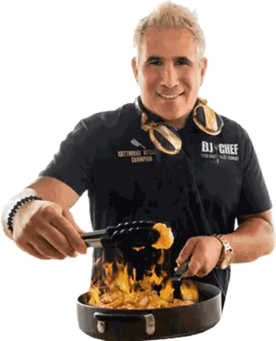 a man wearing headphones and a dj chef shirt is cooking