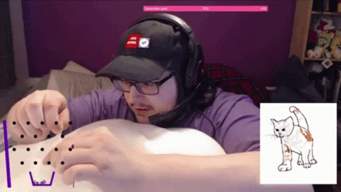 A Man Wearing Headphones And A Hat Is Playing A Game With A Picture Of A Cat Behind Him GIF