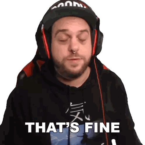 a man wearing headphones and a hat is saying that 's fine