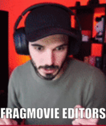 A Man Wearing Headphones And A Hat Says " Fragmovie Editors " On The Bottom GIF