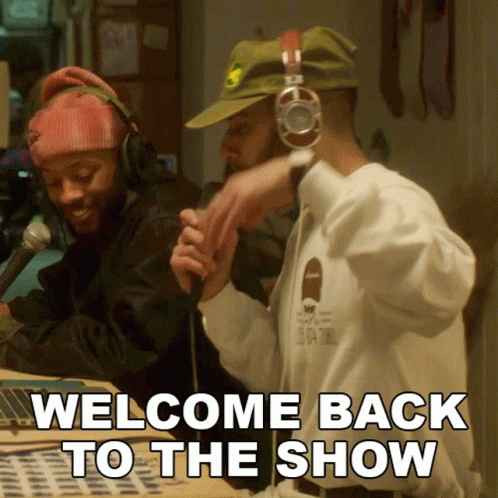 A Man Wearing Headphones And A Hat With The Words Welcome Back To The Show Below Him GIF