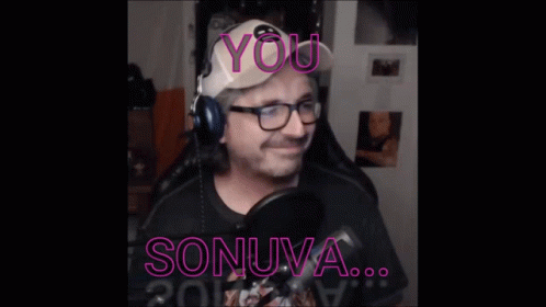 A Man Wearing Headphones And A Hat With The Words You Sonuva On It GIF