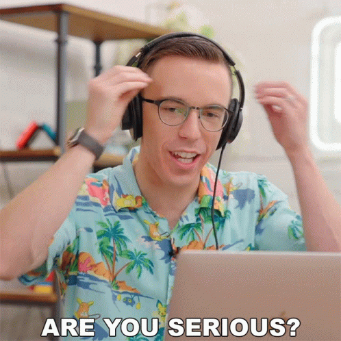 A Man Wearing Headphones And A Hawaiian Shirt Is Asking Are You Serious GIF