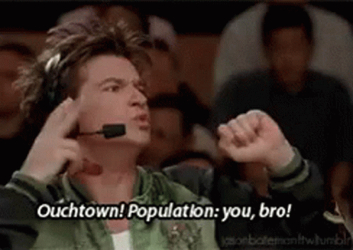 A Man Wearing Headphones And A Microphone Is Talking To A Crowd And Says ' Ouchtown Population You Bro ' GIF