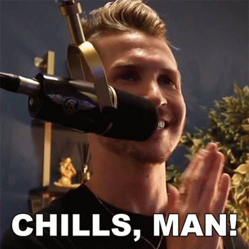 A Man Wearing Headphones And A Microphone With The Words Chills Man Below Him GIF