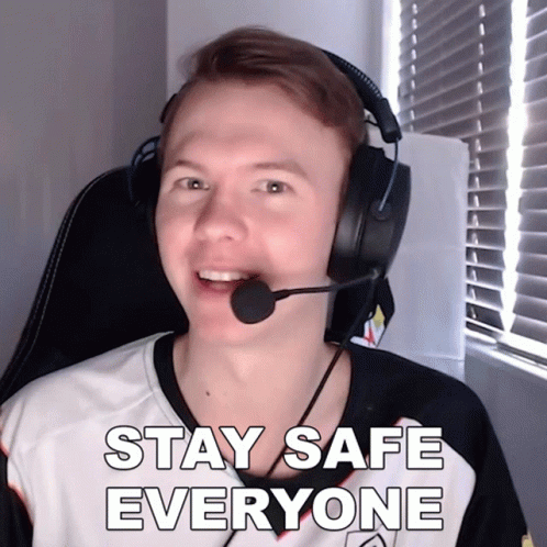 A Man Wearing Headphones And A Microphone With The Words Stay Safe Everyone Below Him GIF