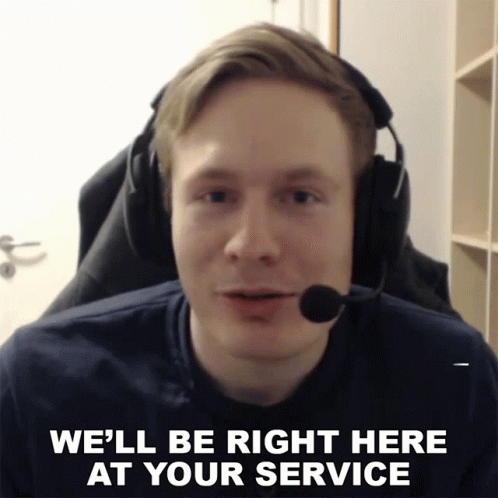 A Man Wearing Headphones And A Microphone With The Words We 'Ll Be Right Here At Your Service GIF