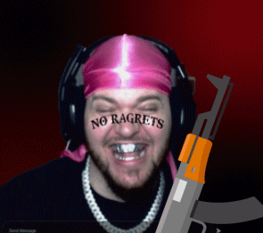 A Man Wearing Headphones And A Pink Headband Has A Tattoo On His Face That Says No Regrets GIF
