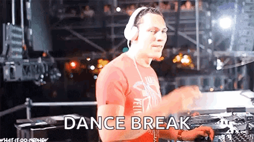 A Man Wearing Headphones And A Red Shirt Is Playing A Dj Set And The Words Dance Break Are On The Screen . GIF