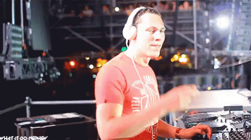 A Man Wearing Headphones And A Red Shirt That Says Yellow GIF