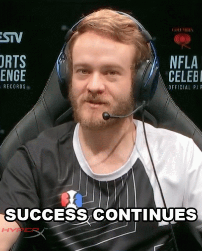 A Man Wearing Headphones And A Shirt That Says ' Success Continues ' GIF