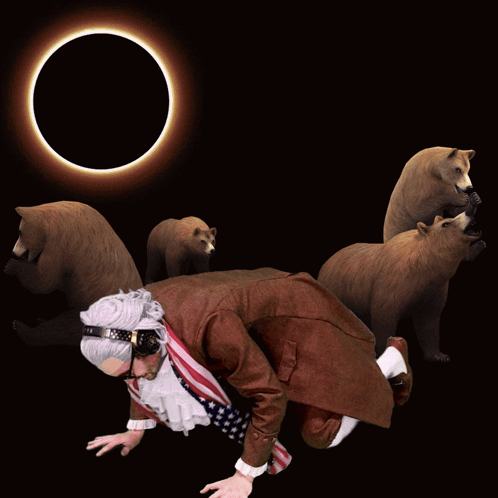 A Man Wearing Headphones And An American Flag Scarf Is Surrounded By Bears In Front Of A Eclipse GIF