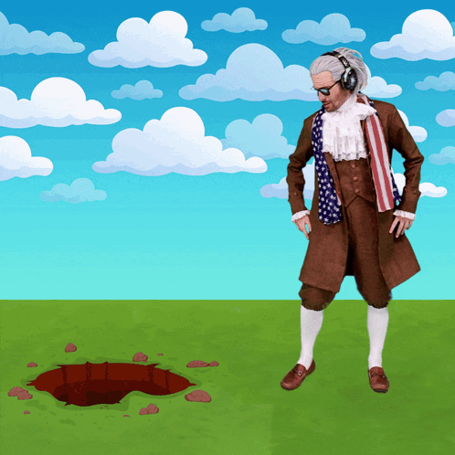 A Man Wearing Headphones And An American Flag Scarf Stands In Front Of A Hole GIF