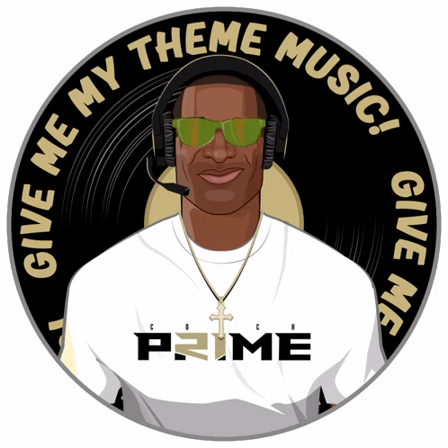 A Man Wearing Headphones And Sunglasses Is Surrounded By The Words " Give Me My Theme Music " GIF