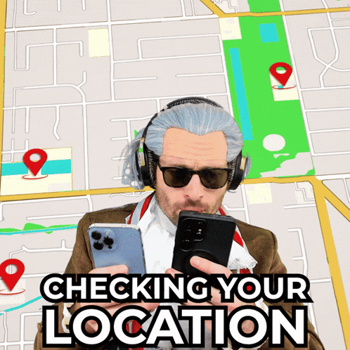A Man Wearing Headphones And Sunglasses Looks At His Phone With The Words Checking Your Location Below Him GIF